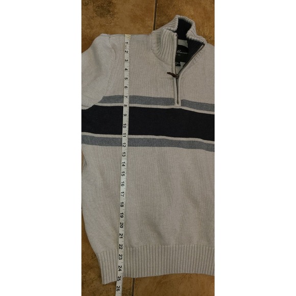 Eddie Bauer Sweater Mens M Navy Gray Striped Beige Cotton Quarter Zip Sweatshirt - Picture 5 of 8